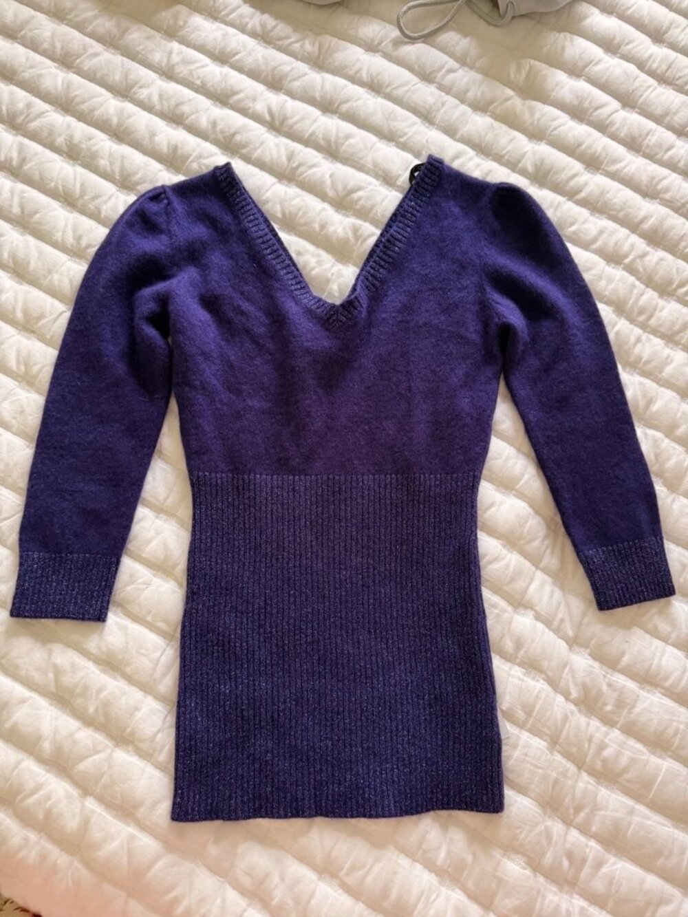 Bebe Purple Sweater Top V-Neck Sparkle Knit Fitted Sweater